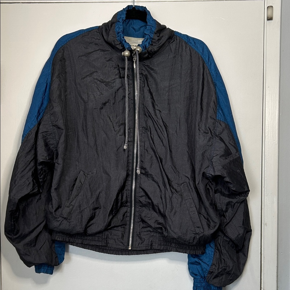 Men's Vintage 80s 90s Black and Blue Wind Breaker Track Jacket 2 Front Pockets